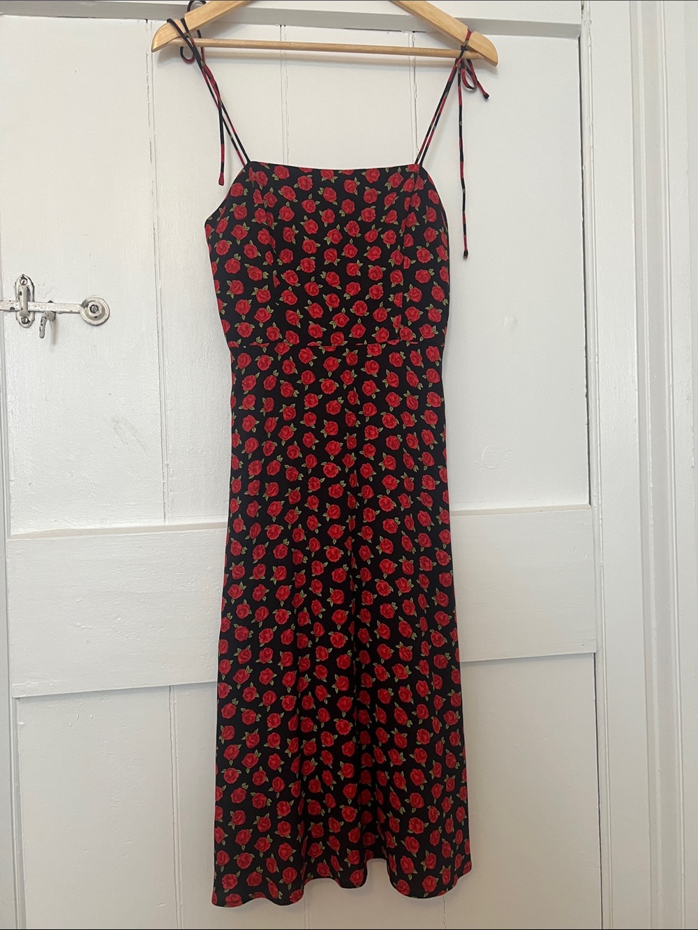 Reformation Black Midi Dress with Red Rose Print Viscose Adjustable Shoulder